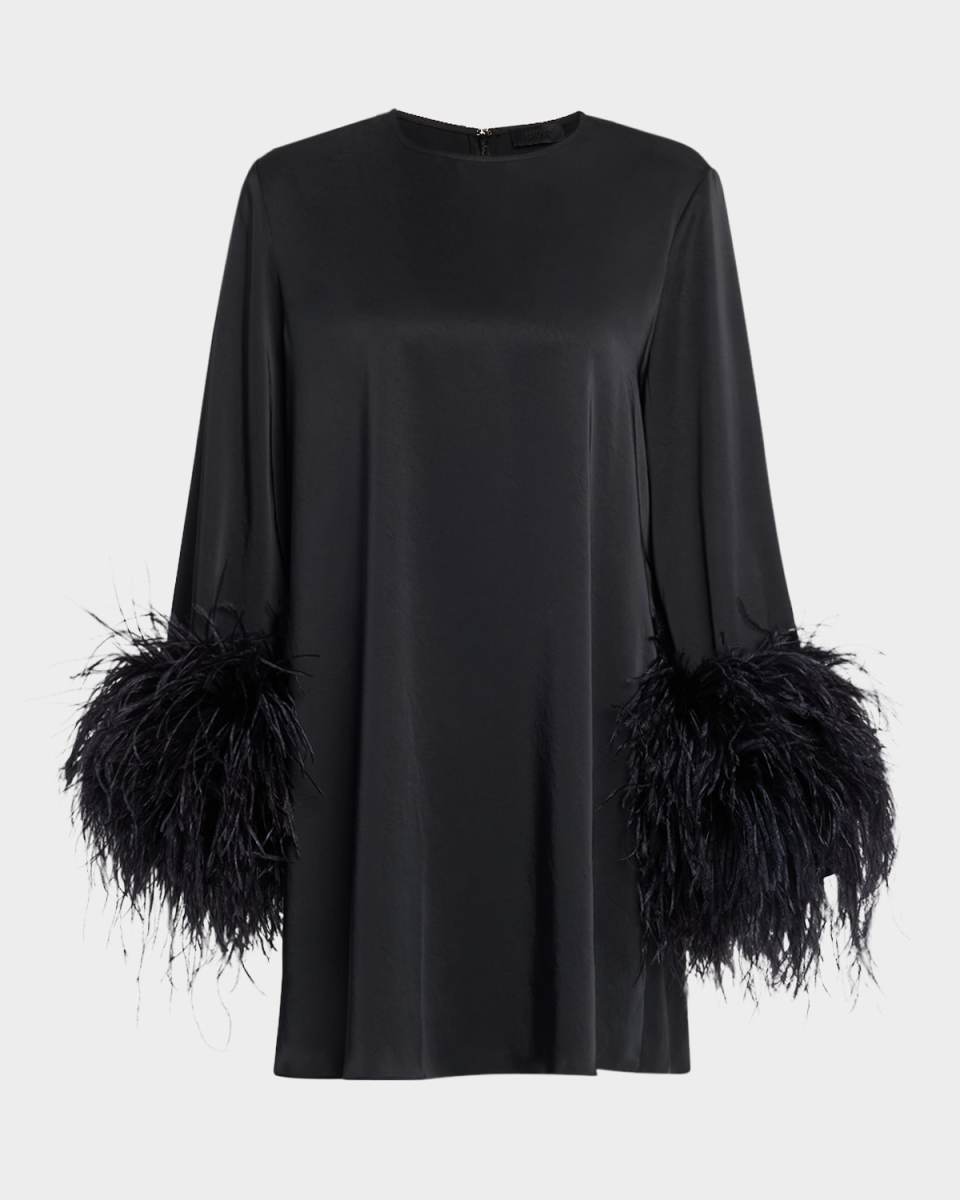 Double-Face Satin Shift Dress with Ostrich Feathers