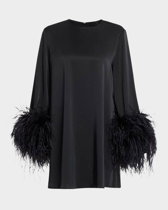 Double-Face Satin Shift Dress with Ostrich Feathers