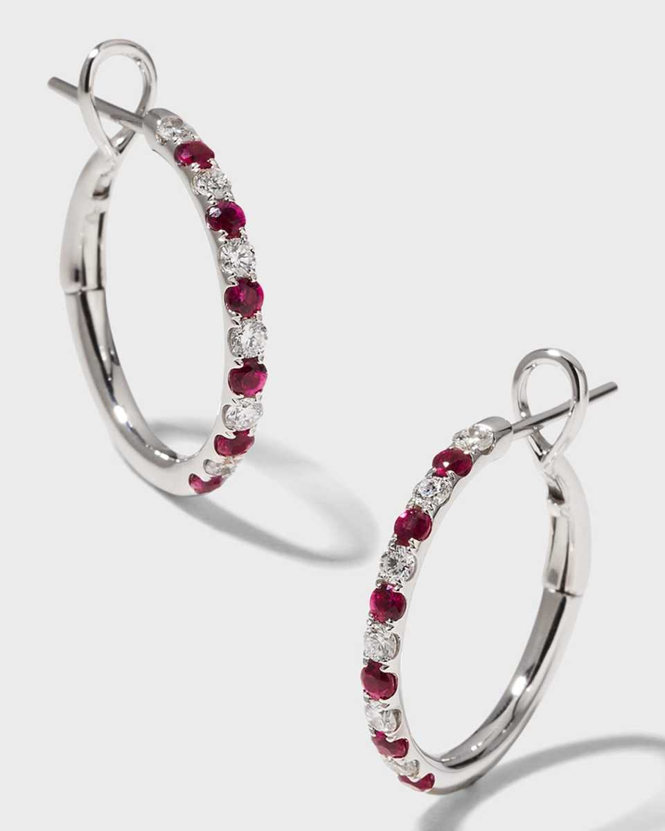 18K White Gold Medium Diamond and Ruby Hoop Earrings