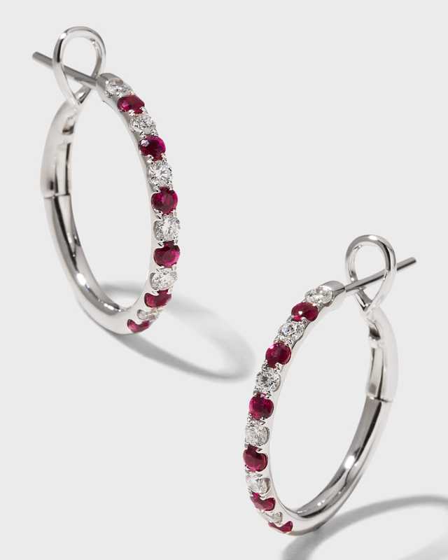 18K White Gold Medium Diamond and Ruby Hoop Earrings