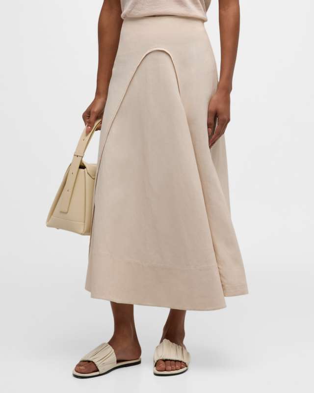 Curved-Seam A-Line Linen Midi Skirt