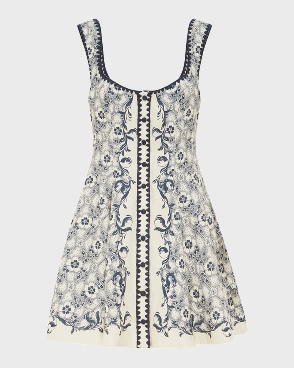 Airlie Toile Linen Scoop-Neck Mini Dress