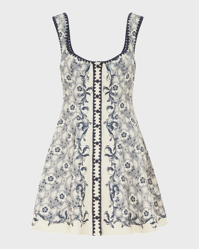 Airlie Toile Linen Scoop-Neck Mini Dress