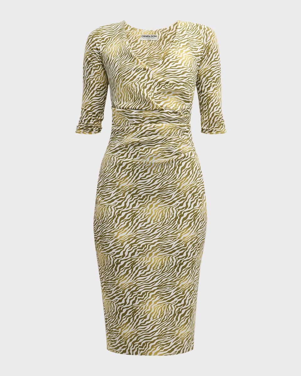 Ruched Zebra-Print Bodycon Midi Dress