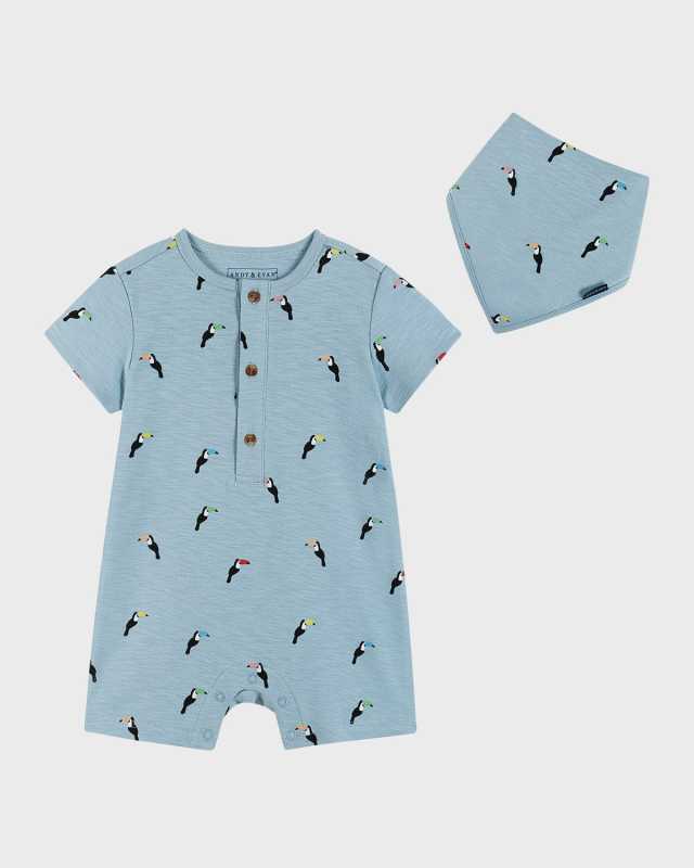 Boy's Palm-Tree Printed Playsuit W/ Bib, Size Newborn-24