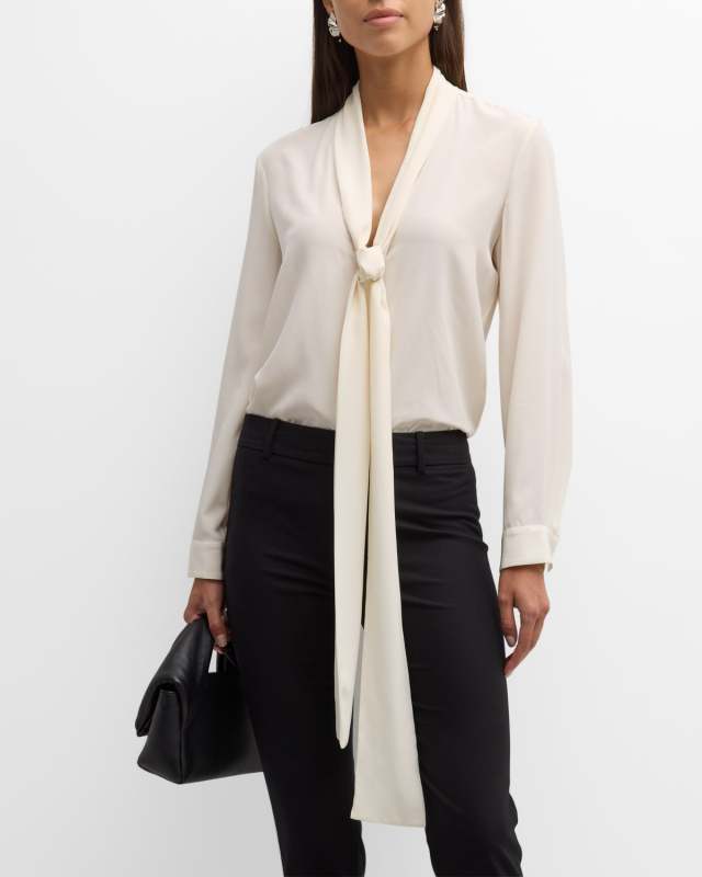 Angelique Long Tie-Neck Silk Blous