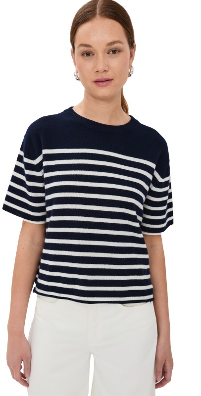 LISA YANG Cila Stripes Cashmere T-Shirt Navy/Cream Stripes