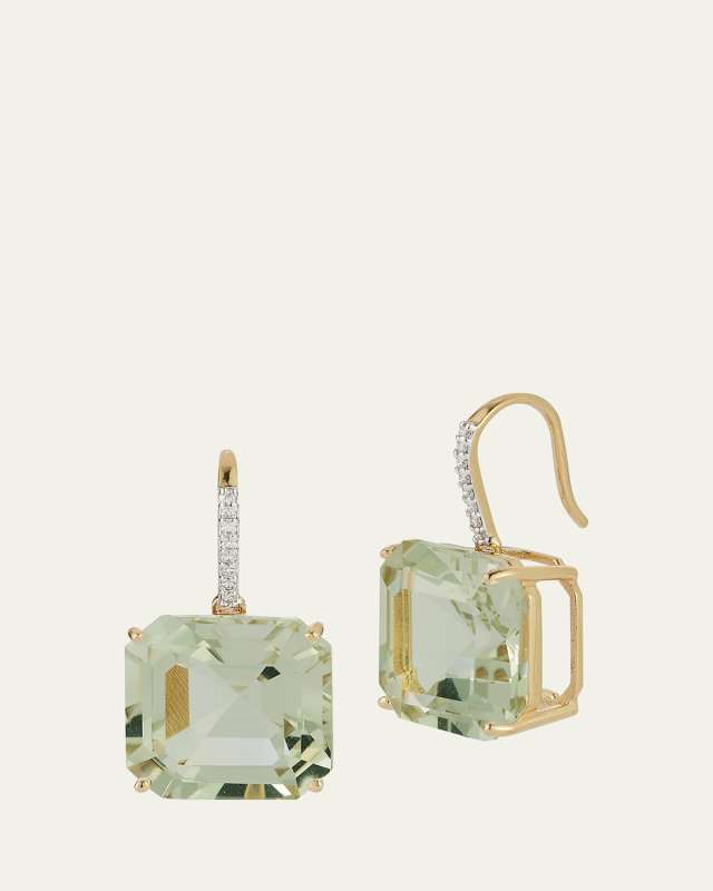 14K Asscher Cut Green Amethyst Drop Earrings