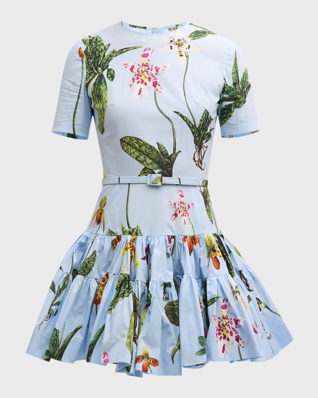 Orchid Poplin Short-Sleeve Tiered Mini Dress With Belt