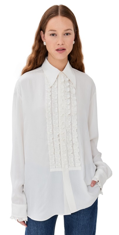 Tibi Winter Acetate Easy Tuxedo Shirt White