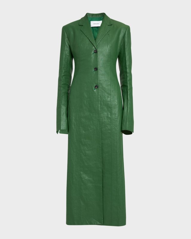 Coated Linen Single-Breasted Long Coat