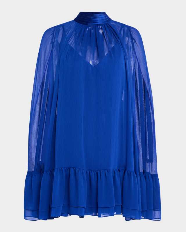 Zenon Tie-Neck Cape Mini Dress