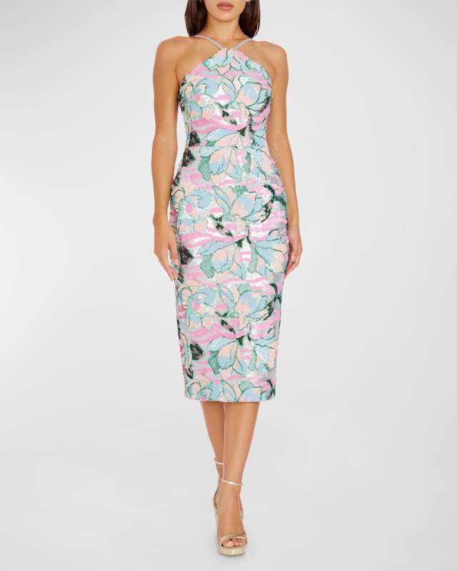 Aiden Floral Sequin Halter Sheath Dress