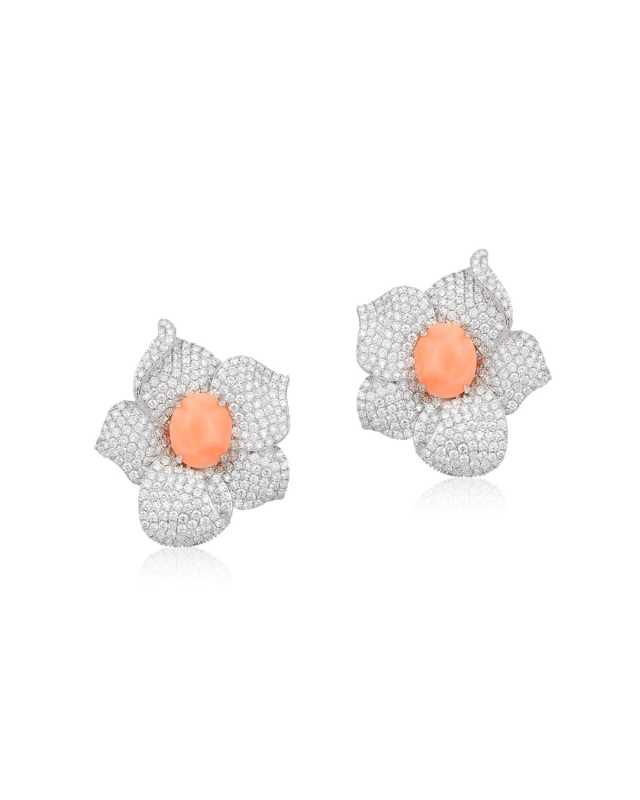18k White Gold, Diamond & Coral Flower Earrings