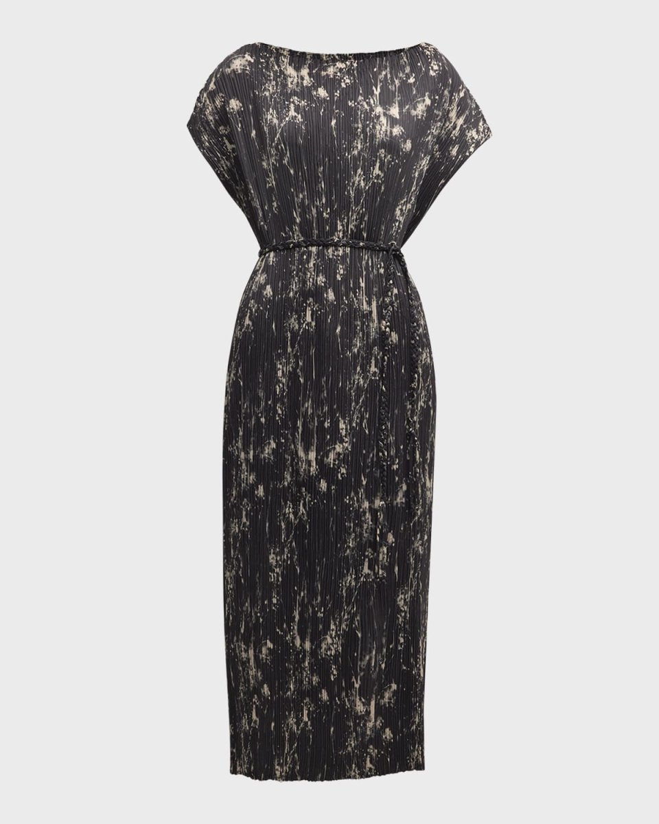 Pleated Abstract-Print Dolman-Sleeve Midi Dress