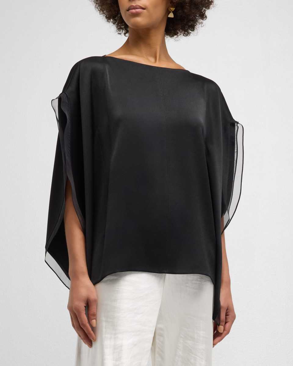Organza-Trim Short-Sleeve Satin Top
