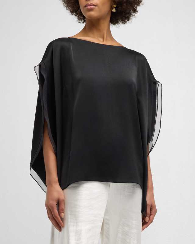 Organza-Trim Short-Sleeve Satin Top