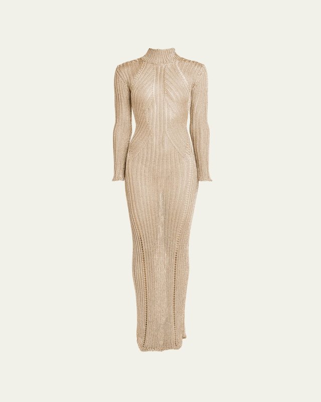 Metallic Knit Turtleneck Long-Sleeve Open-Back Maxi Gown