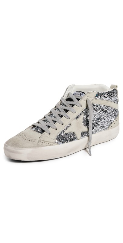 Golden Goose Mid Star Glitter Upper Suede Toe Star Wave Heel and Spur Sneakers Silver/Ice