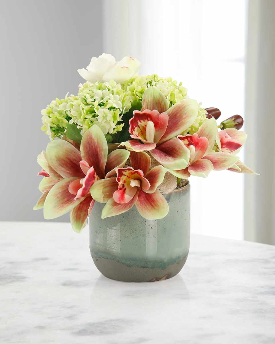Orchid Spice 11" Faux Floral Arrangement in Glass Vase