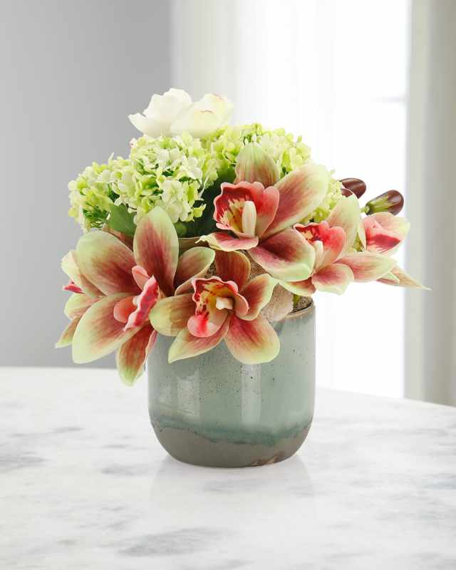 Orchid Spice 11" Faux Floral Arrangement in Glass Vase