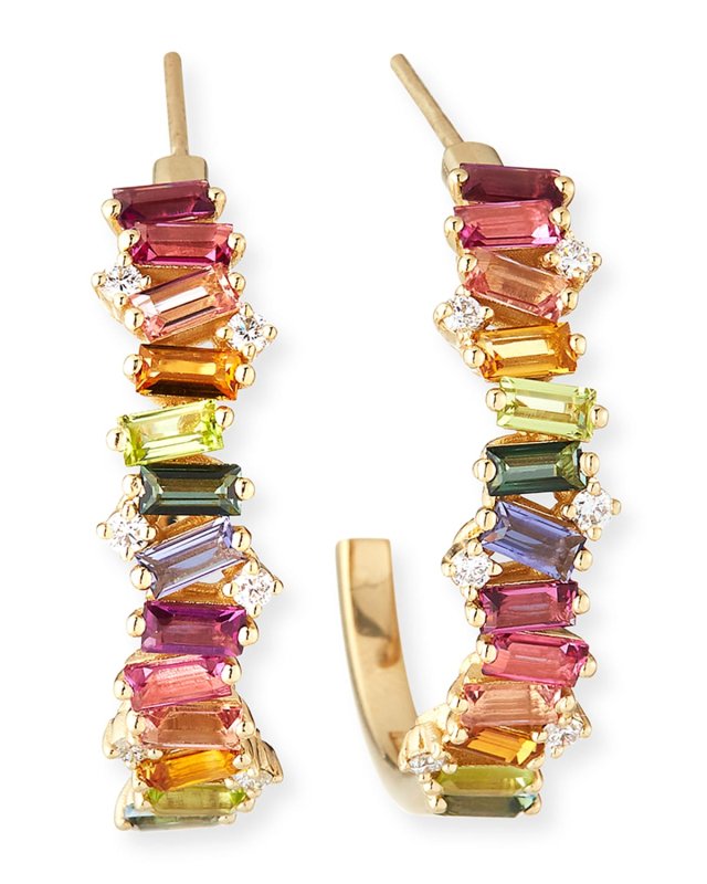 14K Yellow Gold Rainbow Half-Hoop Earrings w/ Diamonds