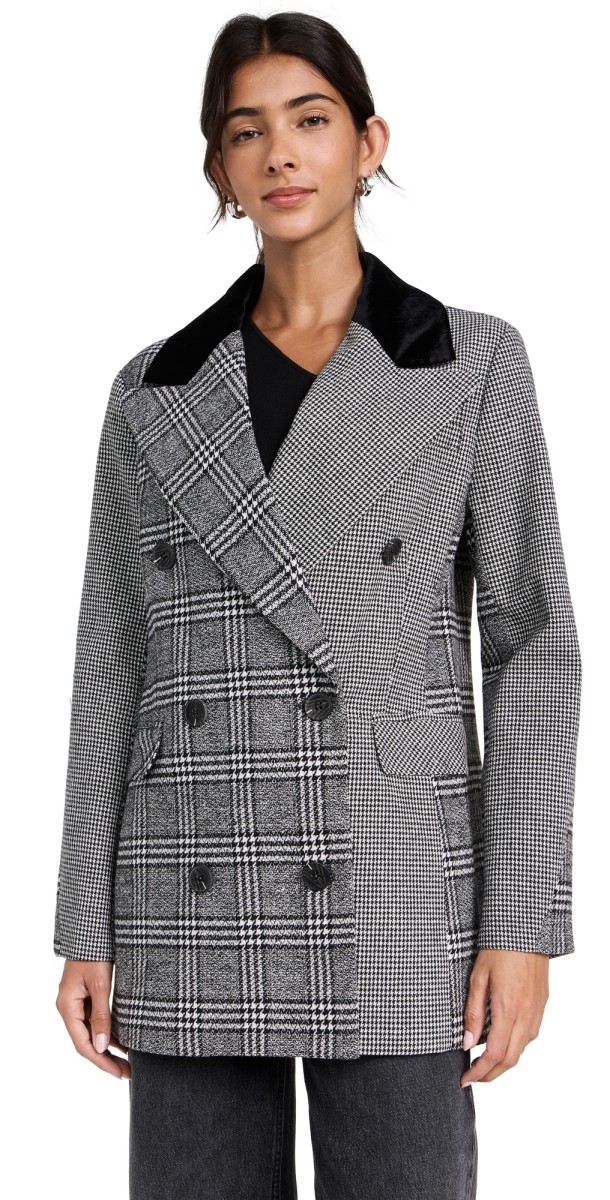 Avec Les Filles Double Breasted Blazer Houndstooth Plaid Combo