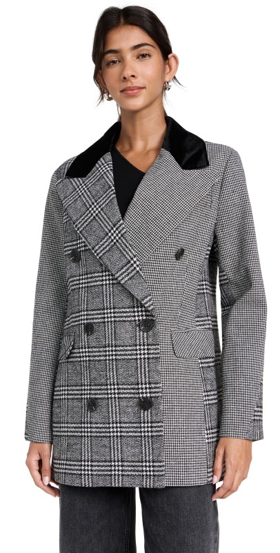 Avec Les Filles Double Breasted Blazer Houndstooth Plaid Combo