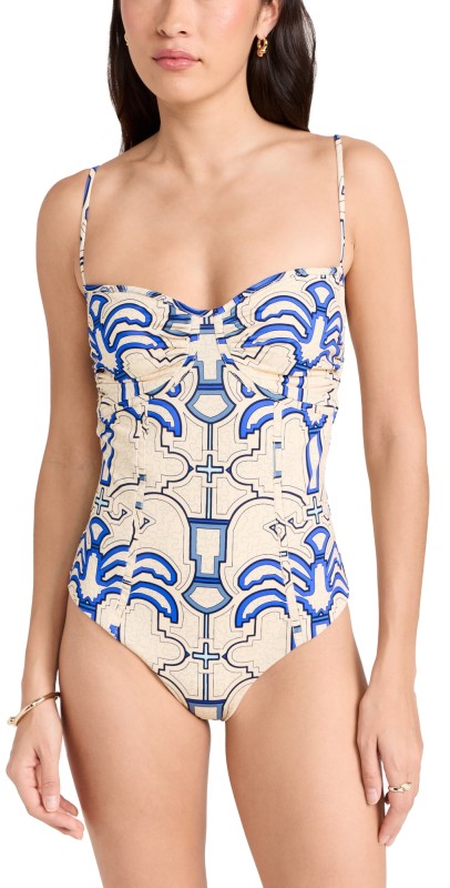 Johanna Ortiz Ecru Blue Lagoon Lure One Piece Nishi/Ibo Palms/Ecru/Blue