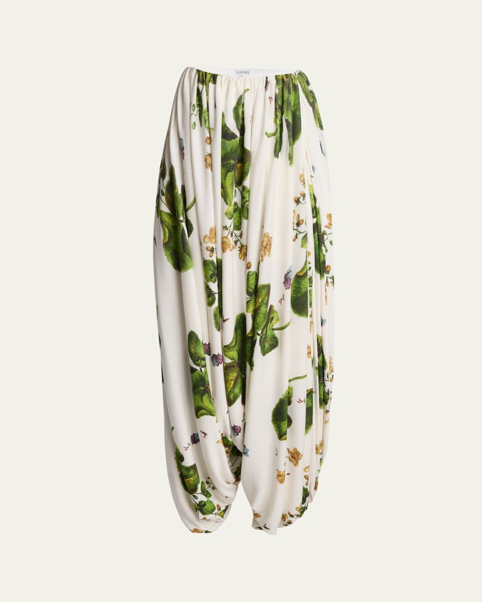 Leaf-Print Draped Wide-Leg Trousers
