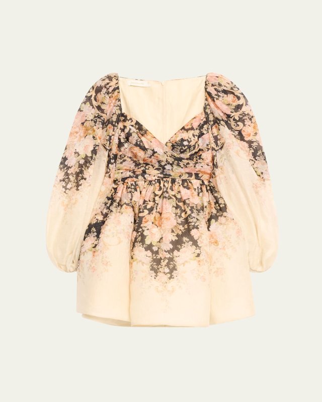Degrade Floral-Print Long-Sleeve Draped Mini Dress