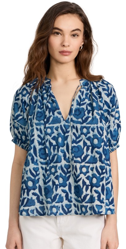 Apiece Apart Lumina Popover Blouse Batik Floral Indigo