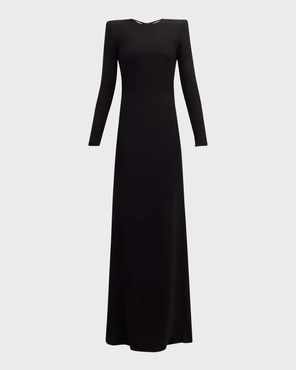 Checker Crystal-Back Strong-Shoulder Crepe Gown