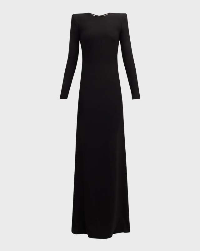 Checker Crystal-Back Strong-Shoulder Crepe Gown