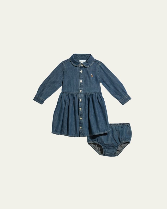 Girl's Belted Fit-and-Flare Denim Shirtdress, Size 3M-24