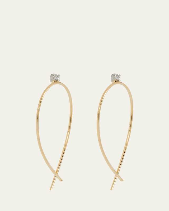 Small Wide Elongated Upside Down Hoop Earrings with Diamonds, 26mm