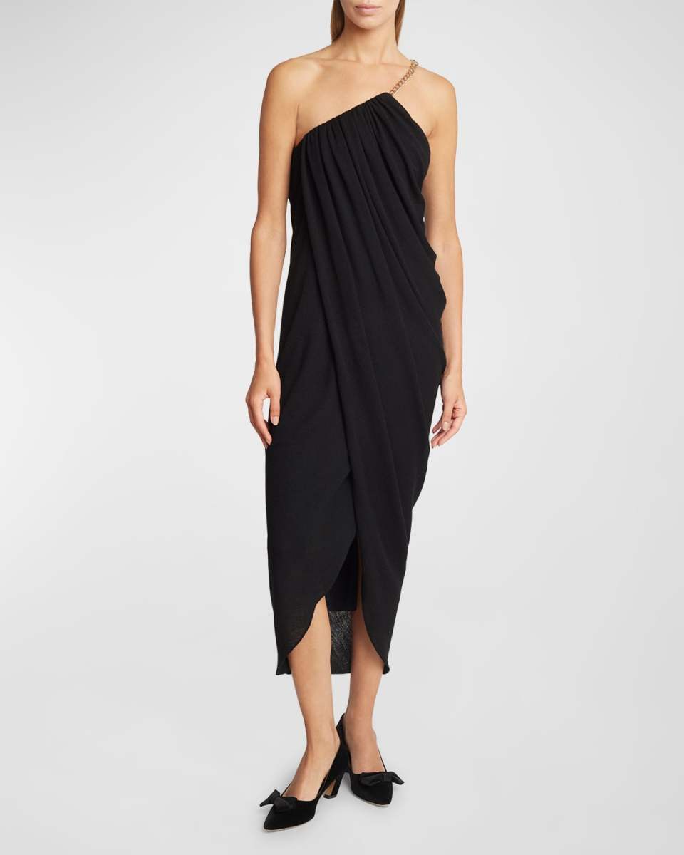 Draped One-Shoulder Jersey Dress with Chain Detail