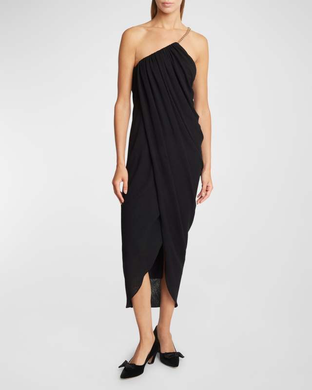 Draped One-Shoulder Jersey Dress with Chain Detail
