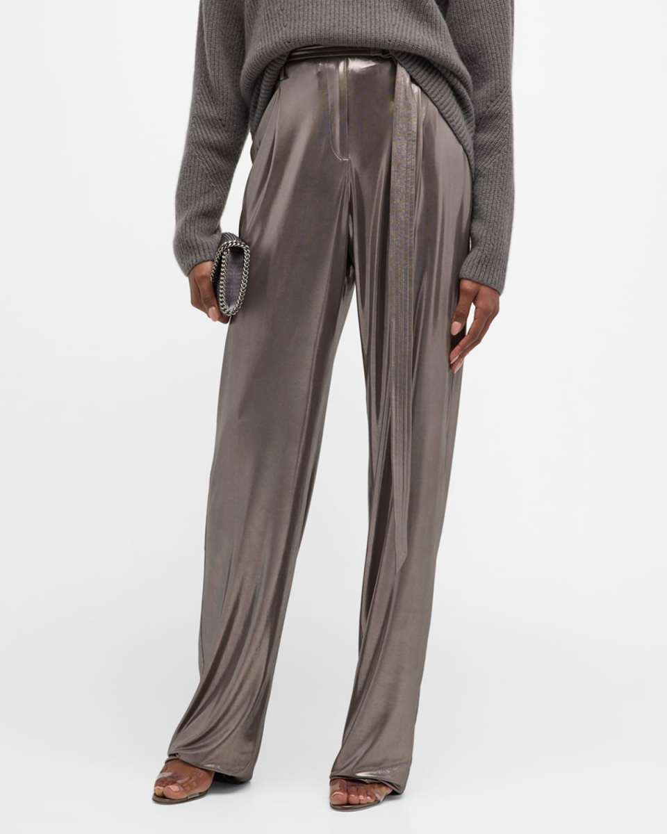 Metallic Coated Jersey Wide-Leg Belted Pants
