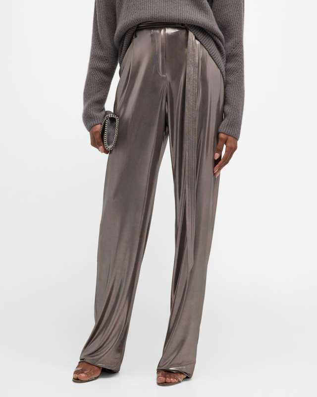 Metallic Coated Jersey Wide-Leg Belted Pants