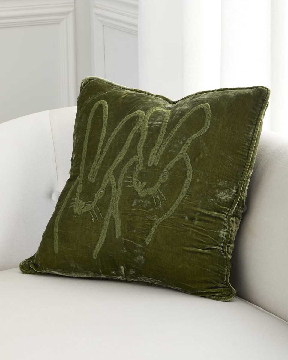 Hand-Embroidered Velvet Decorative Pillow, 20" Square