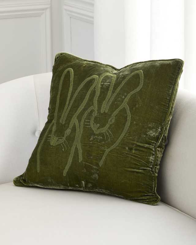 Hand-Embroidered Velvet Decorative Pillow, 20" Square