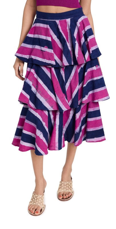 Studio 189 Blue & Pink Stripe Tiered Ruffle Midi Skirt Blue & Pink