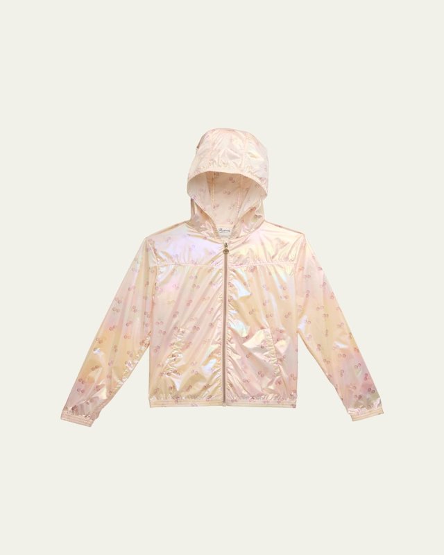 Girl's Gytha Cherry-Print Iridescent Rain Jacket, Size 4-14