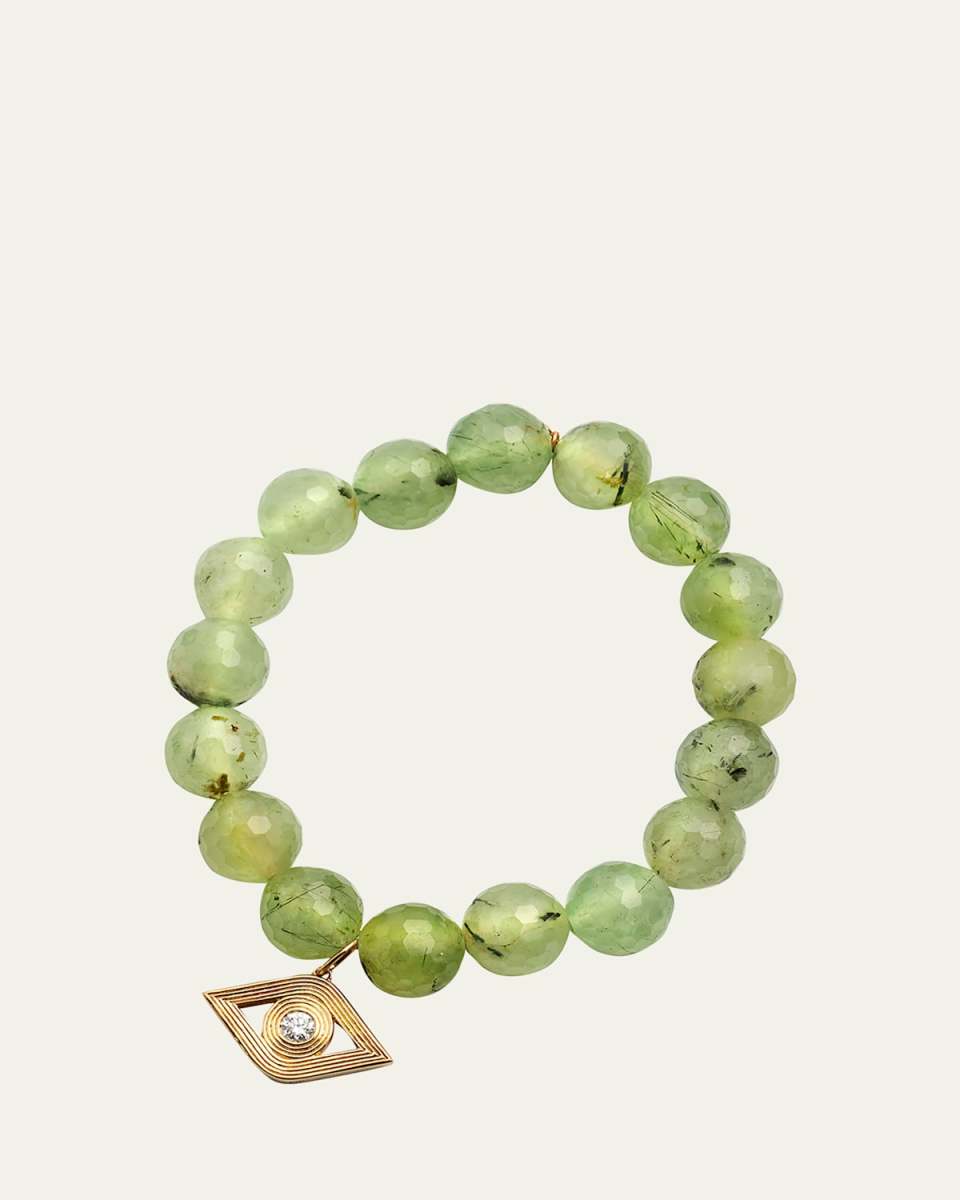 14k Gold Prehnite Beaded Bracelet with Diamond Evil Eye Charm