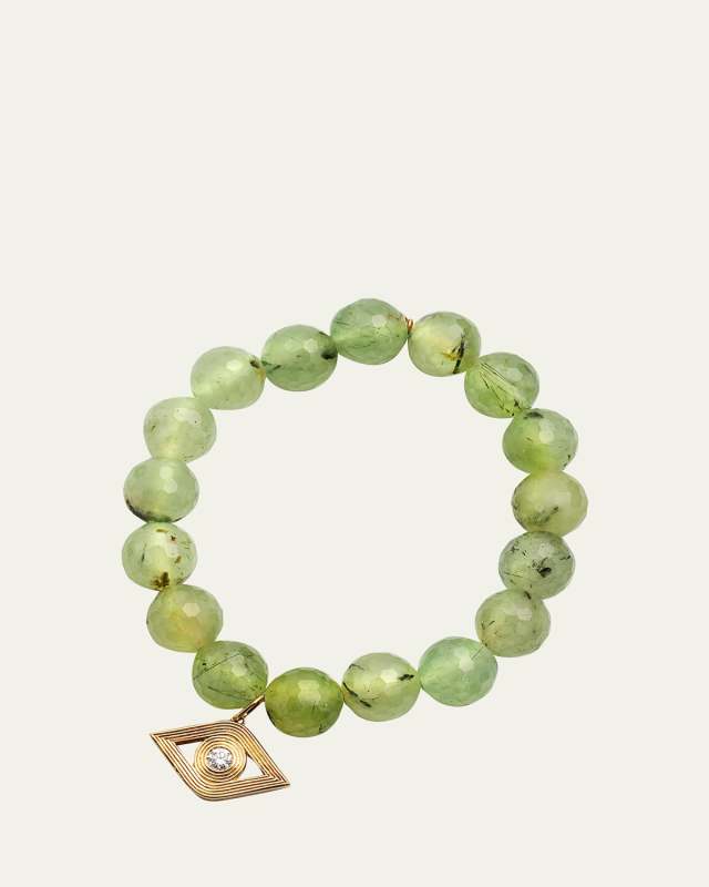 14k Gold Prehnite Beaded Bracelet with Diamond Evil Eye Charm