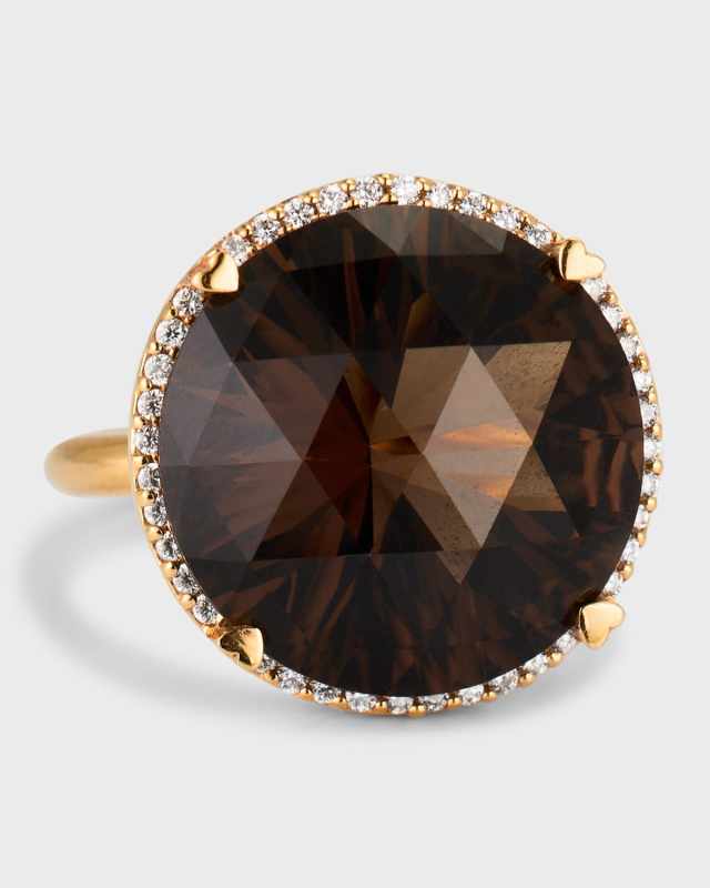 Rocks 18K Rose Gold Smokey Quartz and Diamond Halo Cocktail Ring, Size 6