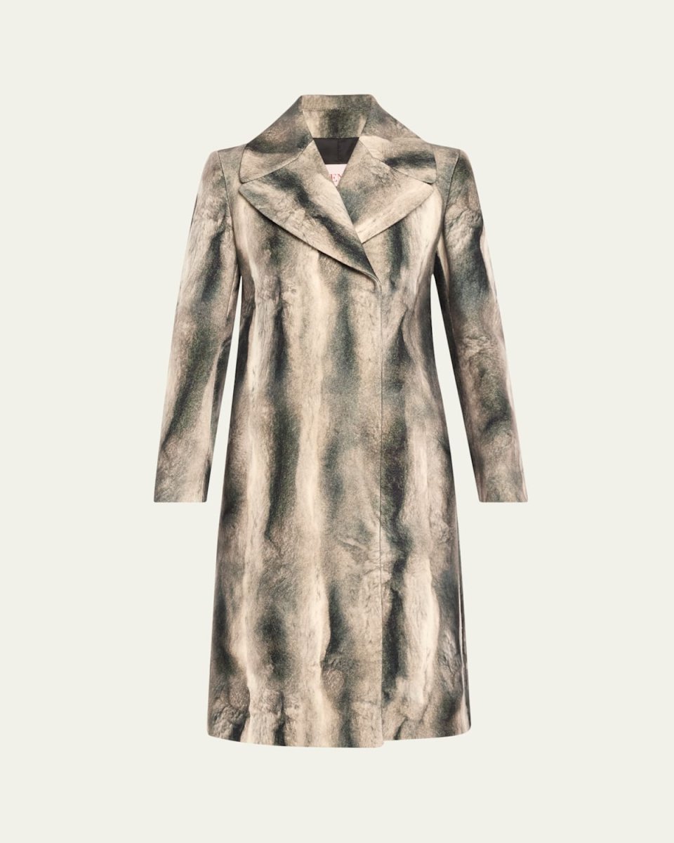 Printed Faux Fur Double-Breasted Belted Wool Coat