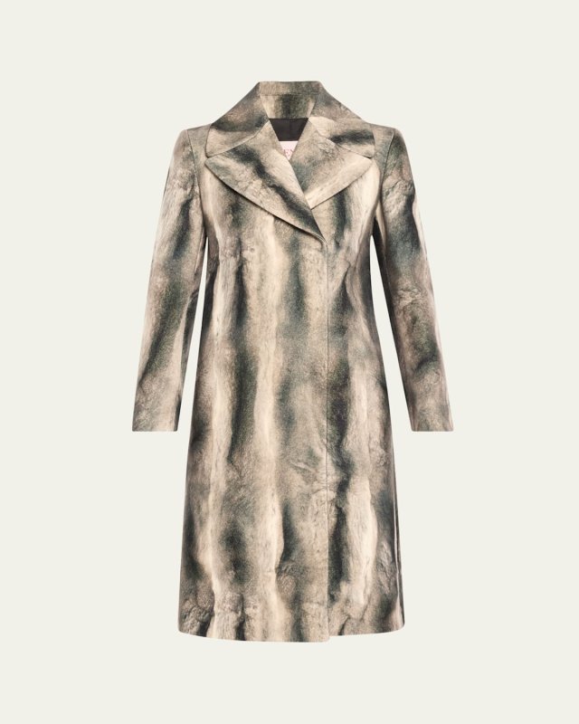 Printed Faux Fur Double-Breasted Belted Wool Coat