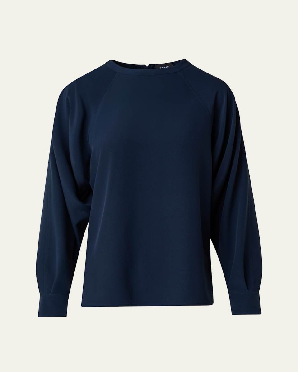 Crewneck Long-Sleeve Silk Crepe Blouse